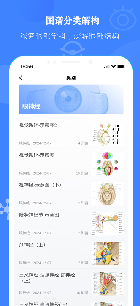 眼部解剖图 - 眼部结构精美全息科普插图 - Bildschirm der Mobile App, der anatomische Diagramme des Sehnervs und des visuellen Systems anzeigt.