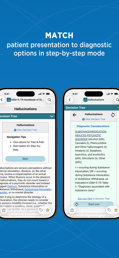 Alberi decisionali clinici nell'app DSM-5-TR per abbinare i sintomi dei pazienti alle opzioni diagnostiche.