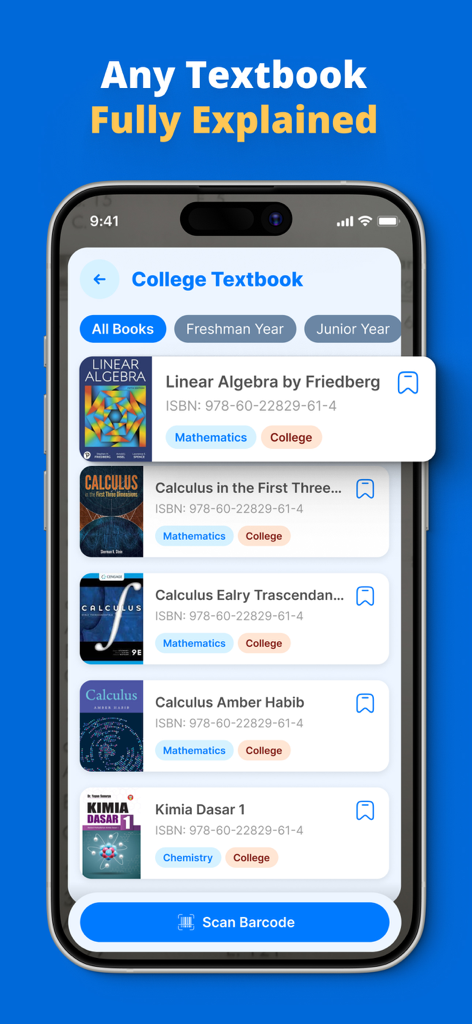 Smartphone screen showing a list of college textbooks with a scan barcode button in the PhotoSolve app.