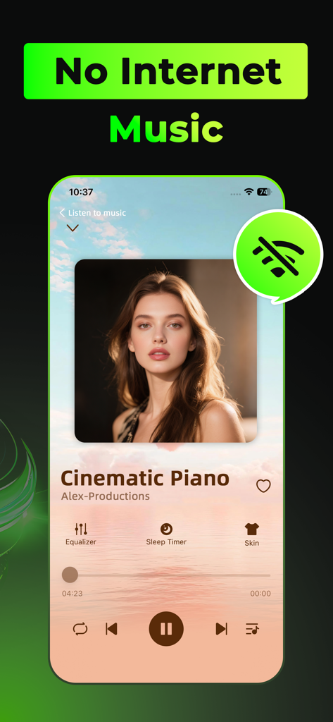 Offline Music, MP3 Player - Interfaccia dell'app Musica Offline che riproduce una canzone senza connessione internet
