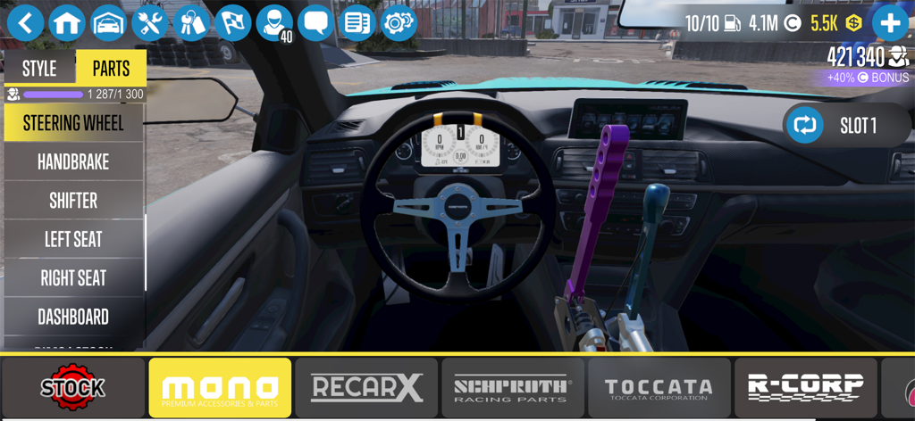 Customizing the steering wheel and interior parts of a car in CarX Drift Racing 2.