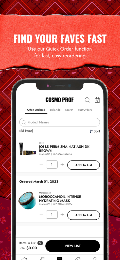 CosmoProf Beauty - 전문 헤어 및 스킨 제품의 빠른 재주문을 위한 CosmoProf Beauty 앱의 빠른 주문 화면