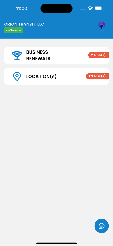 Tableau de bord de l'application OMobile montrant les renouvellements d'entreprise et les tâches de gestion de site pour Orion Transit.