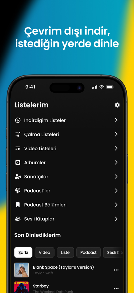 fizy – Music & Podcast - La pantalla de la biblioteca de usuario de la aplicación de música fizy que muestra varias categorías de contenido y canciones reproducidas recientemente