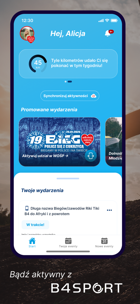 B4SPORT mobile app dashboard showing activity progress and registered sports events