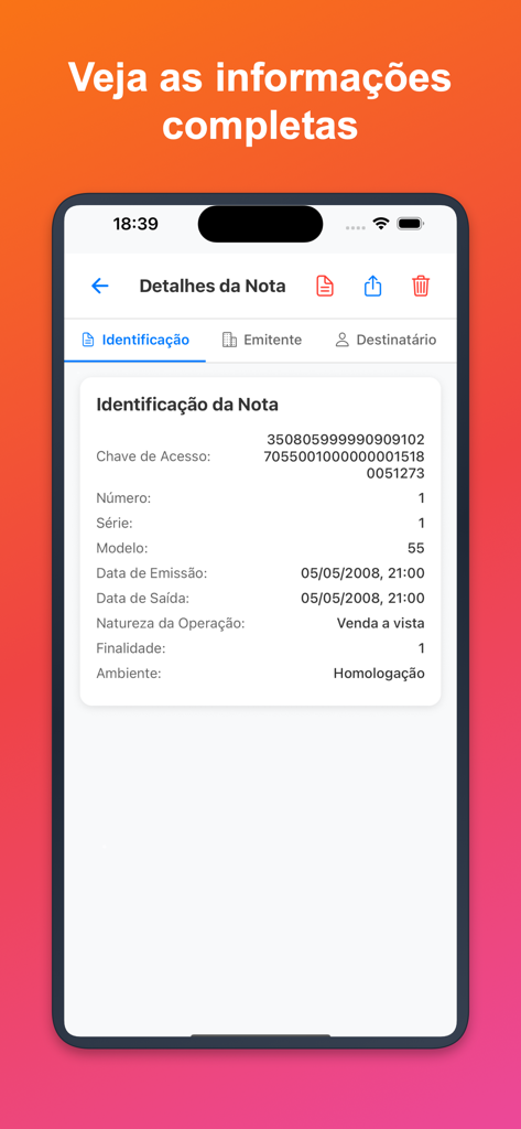 NFe Visualizador de XML - Interface do aplicativo móvel NFe Visualizador de XML exibindo os detalhes de identificação de uma nota fiscal eletrônica brasileira