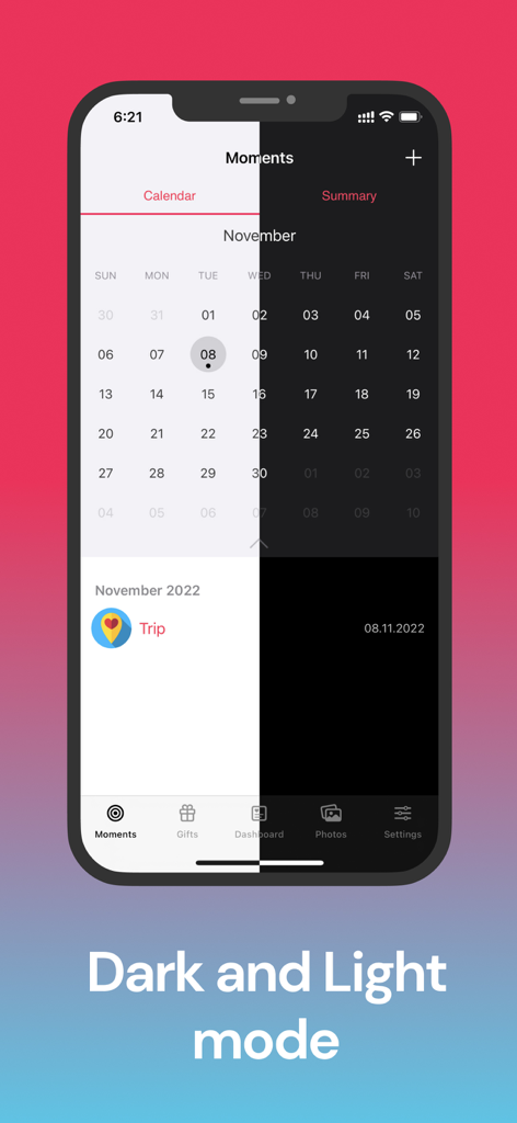 Split screen showing light and dark modes of the relationship moments calendar