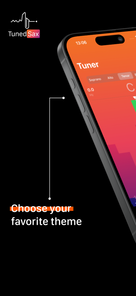 TunedSax: Pro Saxophone Tuner - TunedSax app interface showing the saxophone tuner and theme customization options.