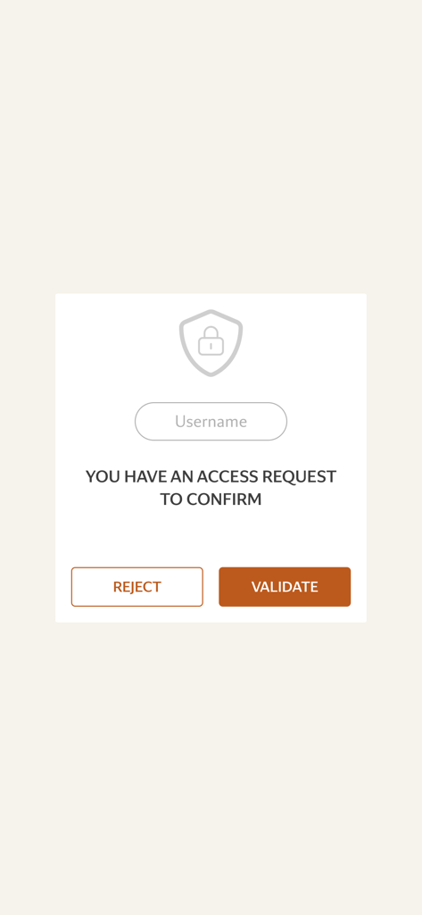 Pictet Safe Connect access request confirmation screen with validate and reject buttons