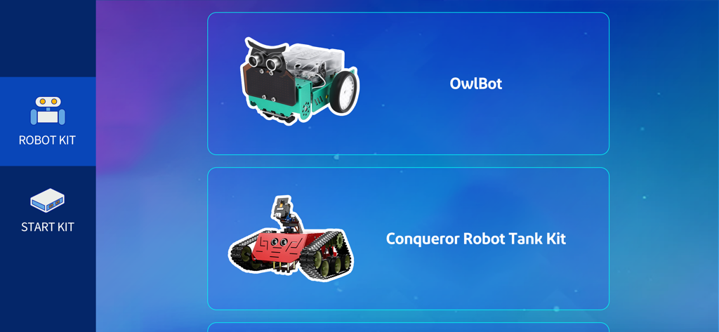 ElegooKit - Interfaz de la aplicación ElegooKit mostrando opciones de selección para los kits de robots OwlBot y Conqueror Robot Tank