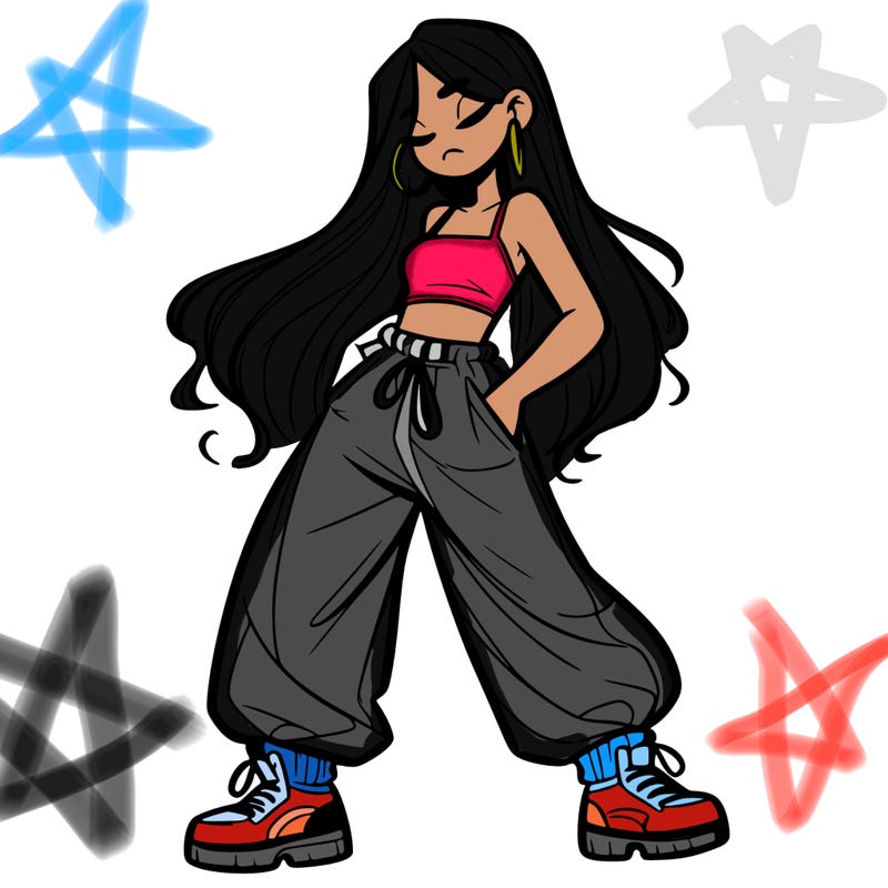 girl in baggy pants crop top and long hair