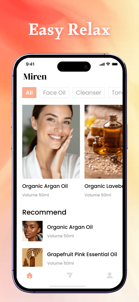 Miren: Nice Feelings - Pantalla de la aplicación Miren que muestra productos de aceite de argán orgánico y aceites esenciales con un diseño minimalista