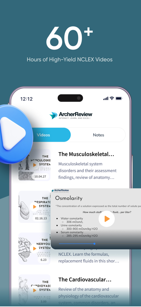 Archer Review NCLEX - Archer Review NCLEX app interface showing high yield nursing study videos and educational content for test preparation