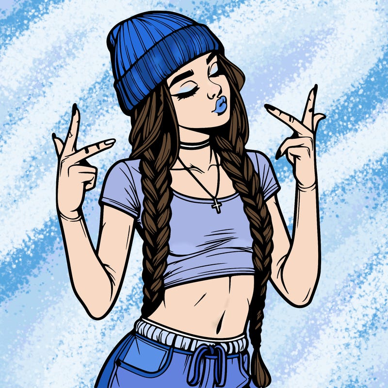 realistic teenage girl with braids and a beanie and crop top doing 🫶🏼