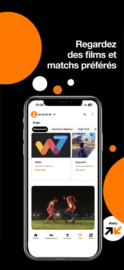 Orange Max it – Mali - Orange Max it Mali app interface featuring the Sugu marketplace for movies and sports streaming.