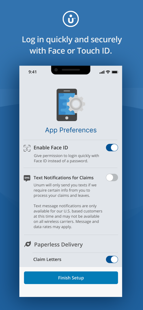 MyUnum for Members - MyUnum for Members app preferences screen showing options for Face ID login, text notifications, and paperless delivery setup.
