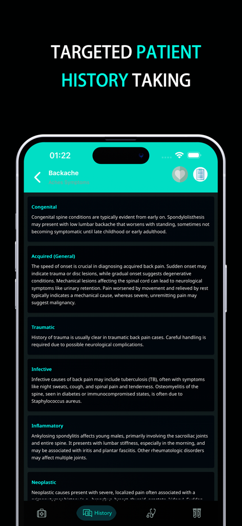 Screenshot of the Differential Diagnosis DDx app showing targeted patient history taking for a backache symptom with medical categories.