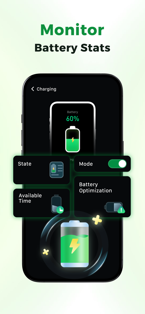 Interface do aplicativo do iPhone para monitorar estatísticas e otimização da bateria