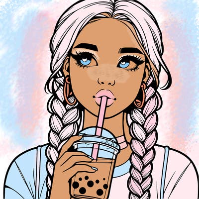 realistic girl with braided hair drinking boba