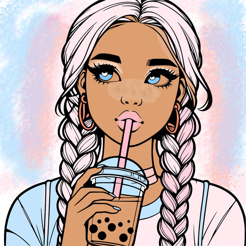realistic girl with braided hair drinking boba