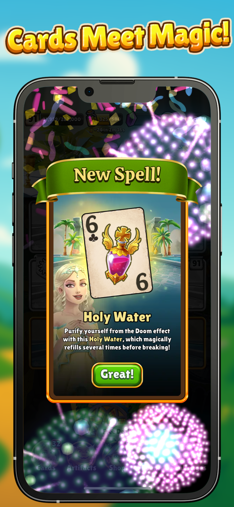 Sorcery School - A mobile game screen showing a new Holy Water spell card unlock in Sorcery School