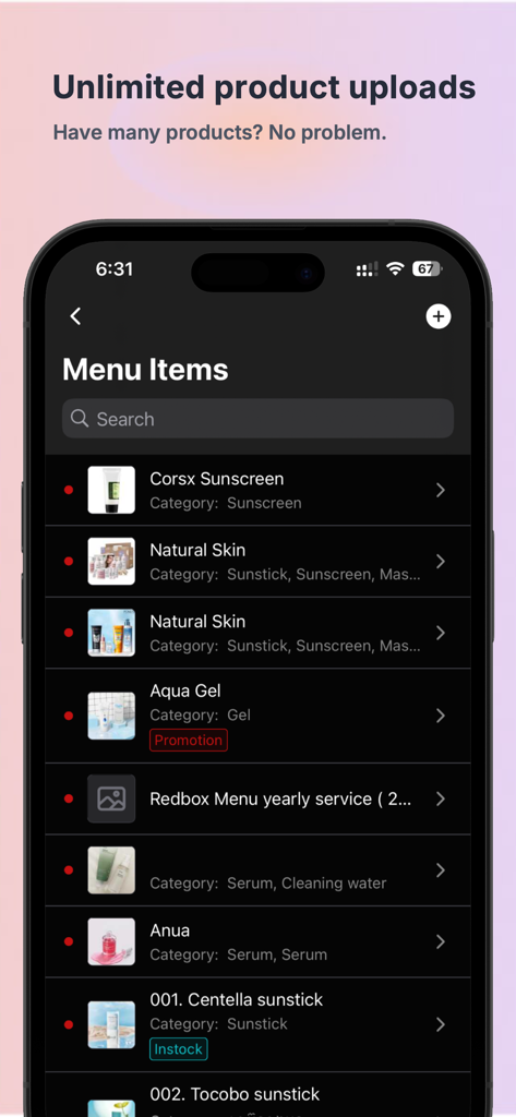 Redbox Merchant - Pantalla de la aplicación Redbox Merchant que muestra una lista de elementos del menú con categorías de productos y una opción para cargas ilimitadas
