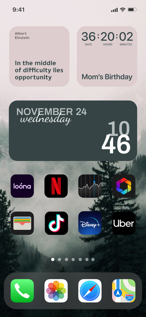Widget | Countdown to birthday - A customized iPhone home screen featuring a pastel pink countdown widget for Mom's Birthday and a daily quote widget over a misty forest wallpaper.