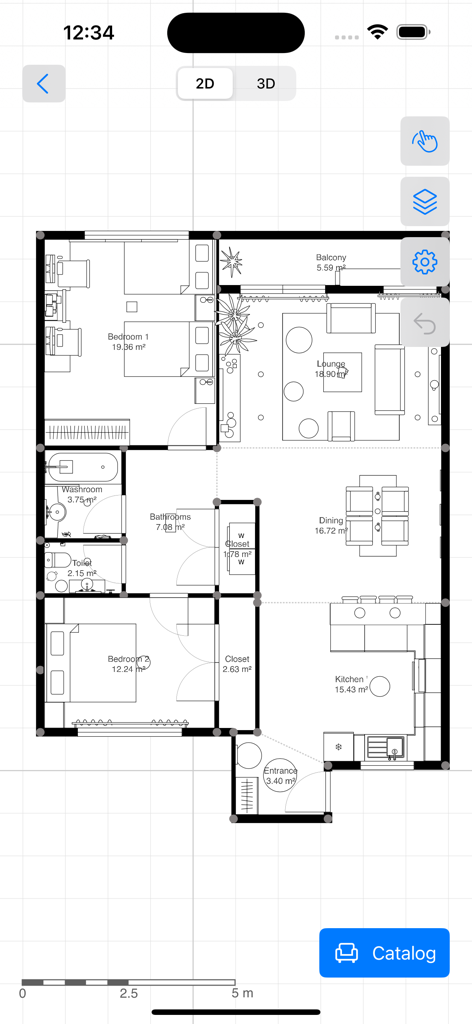 A detailed 2D apartment floor plan showing room dimensions and furniture arrangement created with the 4Plan interior design app