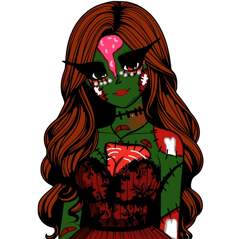 realistic girl with long hair and pretty prom dress