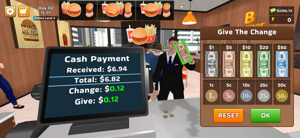 A first-person view of the cashier payment and change giving system in Burger Simulator