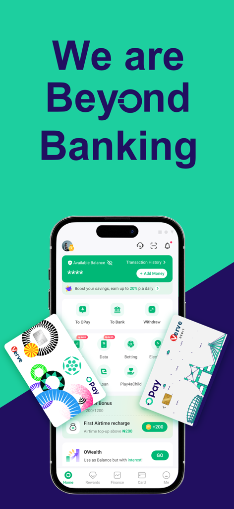 OPay mobile app dashboard showing financial services and debit cards