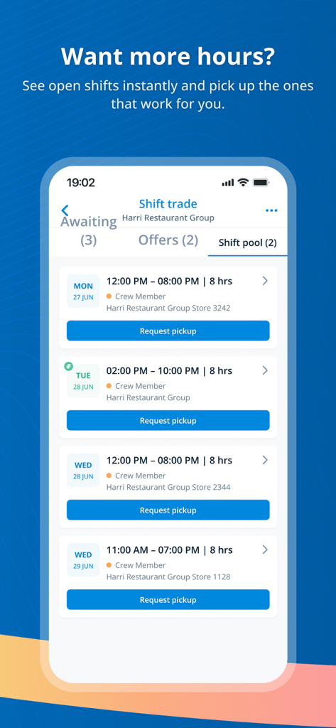 TeamLive app interface showing available shifts in the shift pool for hospitality workers to request more hours