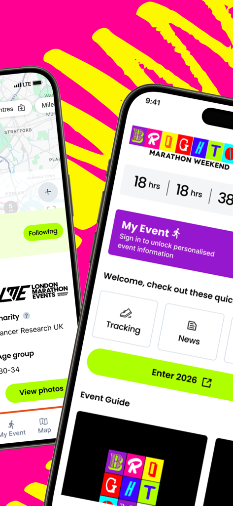 Screenshots der Brighton Marathon Weekend 2025 App mit dem Veranstaltungs-Dashboard und Streckenkarten zur Läuferverfolgung