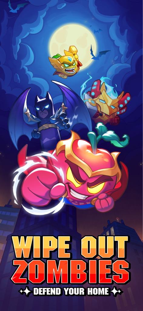 Vibrant plant heroes flying over a city at night with the text Wipe Out Zombies Defend Your Home.
