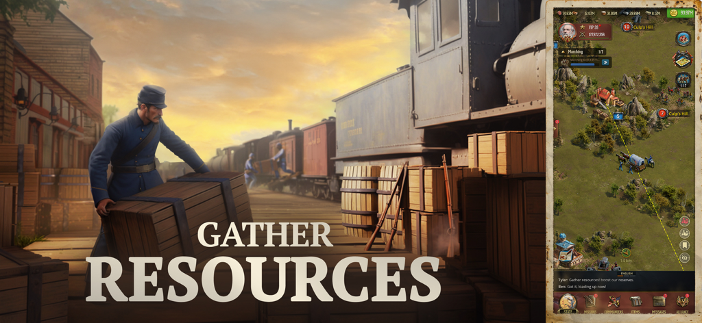 War and Peace: Civil War - A Union soldier moving wooden supply crates near a steam train with the text Gather Resources