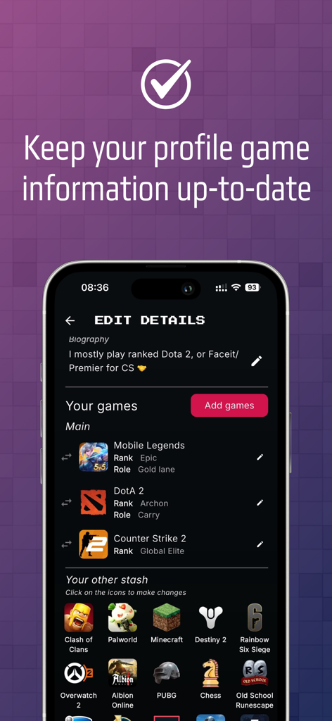 Arena - Meet Gamers - Schermata di modifica del profilo giocatore nell'app Arena che mostra rank e ruoli di gioco per Dota 2 e Counter Strike 2