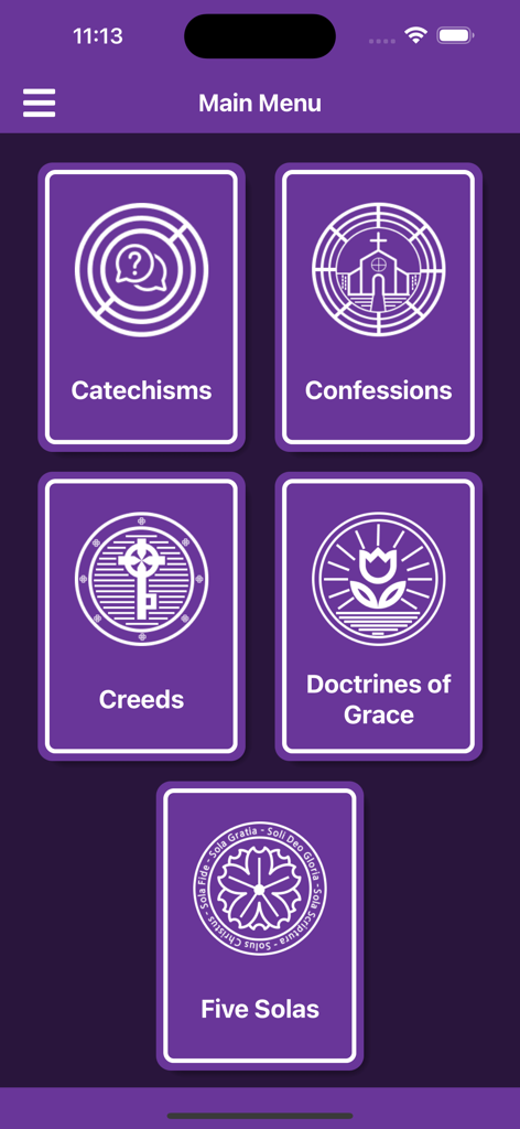 Reformed Companion - Main menu screen of the Reformed Companion app showing navigation buttons for Catechisms, Confessions, Creeds, Doctrines of Grace, and Five Solas.