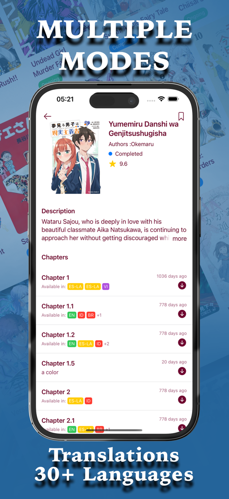 Manga Reader Manwa & Manhua - Interface de l'application Manga Reader affichant des listes de chapitres avec des tags de traduction multilingues.