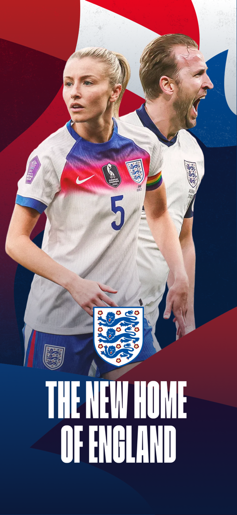 The Official England App - La pantalla de bienvenida de La Aplicación Oficial de Inglaterra con Leah Williamson y Harry Kane con el texto El Nuevo Hogar de Inglaterra