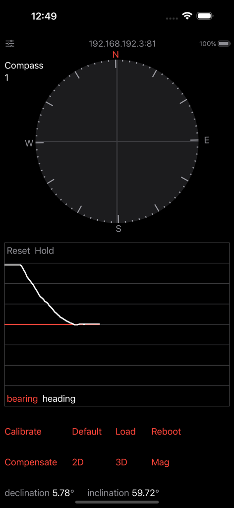 Real-time compass and sensor data visualization in the IoT sensors app.