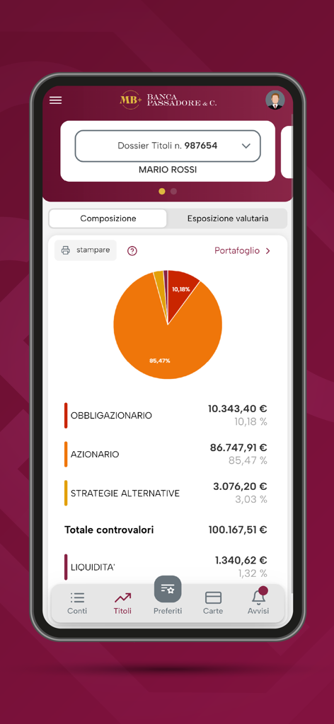 MB+ - MB Plus mobile banking app interface showing an investment portfolio with a pie chart of asset distribution