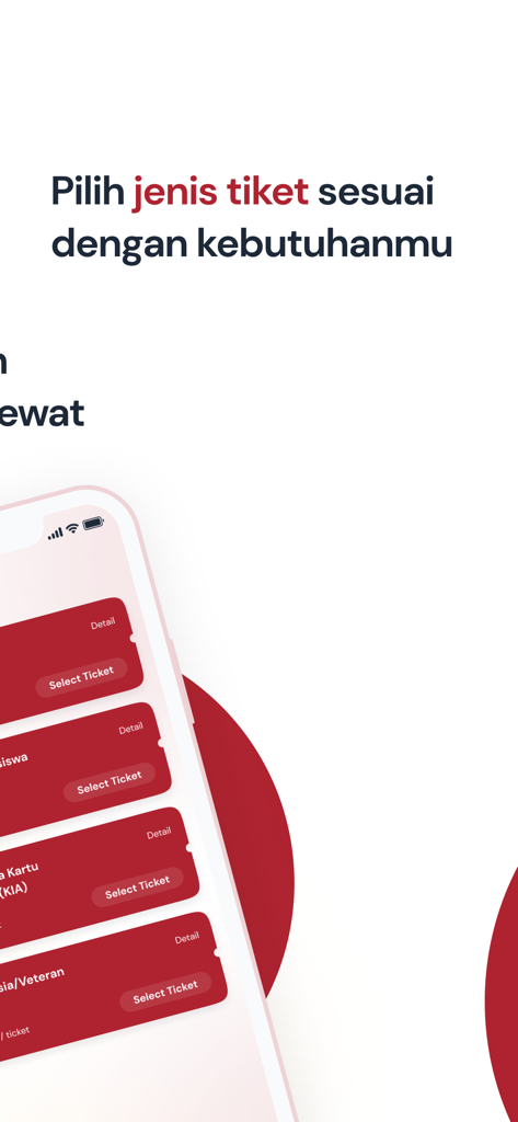 Trans Semarangアプリのインターフェイス、さまざまな乗客カテゴリのさまざまなバスチケット選択オプションを表示