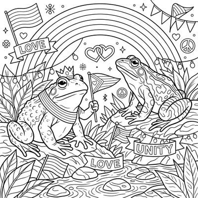 Celebrate love and diversity with our charming Goliath Frogs Pride coloring page. These magnificent amphibians are surrounded by festive rainbows and symbols of unity, ready for your artistic touch.