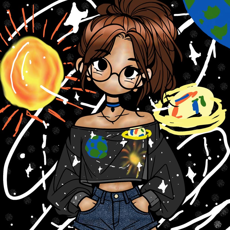girl with a messy ponytail glasses a baggy crop top and jean shorts