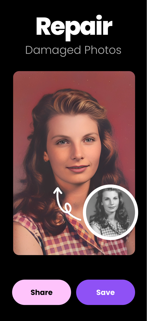 RetroFix AI: Restore Old Photo - RetroFix AI app interface showing a restored and colorized portrait of a woman with buttons to share and save