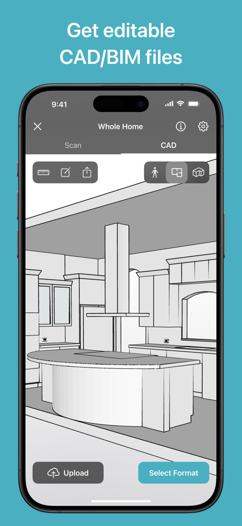 Uno smartphone che mostra un modello CAD 3D modificabile di una cucina creato con Canvas LiDAR
