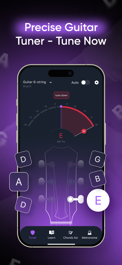 Tuner & Learn To Play Guitar - Pantalla de smartphone mostrando la función precisa de afinador de guitarra con retroalimentación visual de frecuencia e ilustración del clavijero de la guitarra.