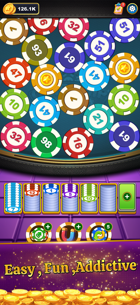 Chip Chip Boom - A gameplay screenshot of Chip Chip Boom showing colorful numbered casino chips being sorted into collection trays.