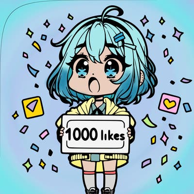 a chibi girl with a shocked expression with a sign that says "1000 likes" with confetti around her