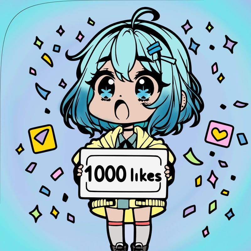 a chibi girl with a shocked expression with a sign that says "1000 likes" with confetti around her